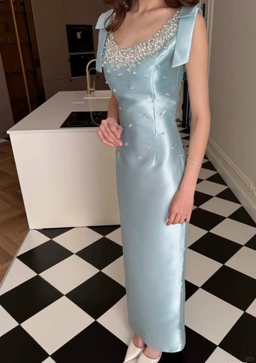 Blue Sheath Bow Straps Rhinestone Satin Long Prom Dress Wedding Guest Dress HZ1023